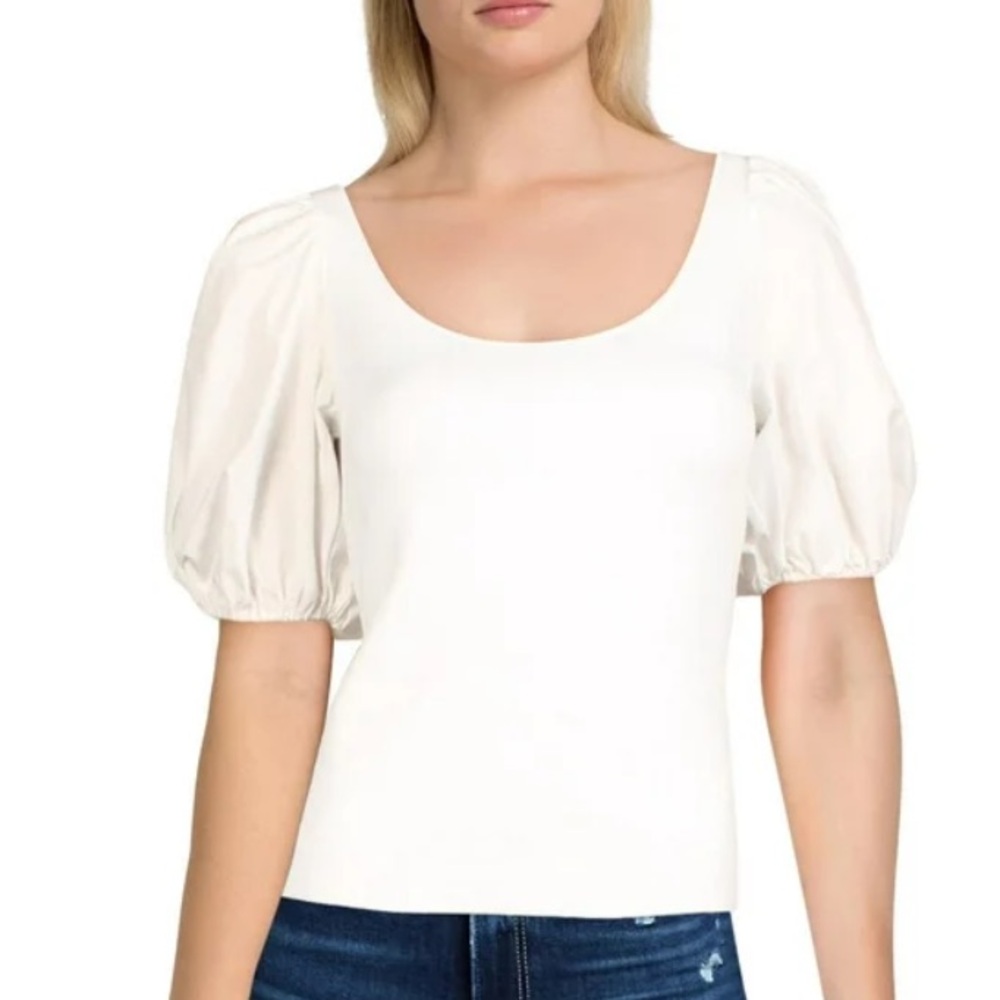 Theory White Puff Sleeve Scoop Neck Top